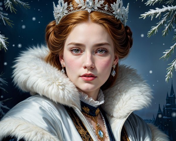 Regal Young Woman in Fur Cloak and Jeweled Crown