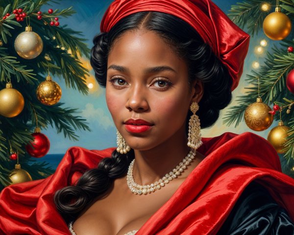 Young Woman in Red Gown Surrounded by Festive Decor