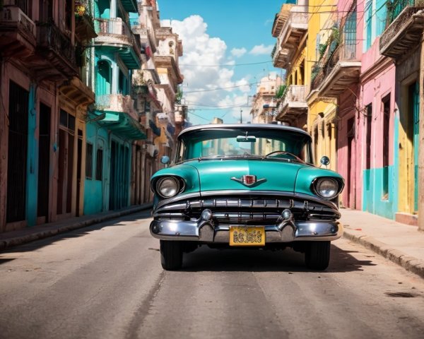 Vintage Turquoise Car on Colorful Street Under Blue Sky