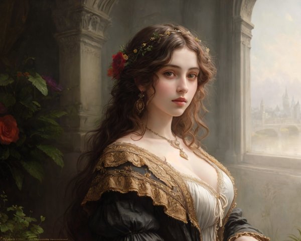 Digital painting of a woman in a vintage dress by roses
