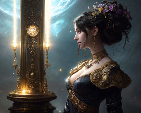 Regal Woman in Black and Gold Dress by Illuminated Pillar