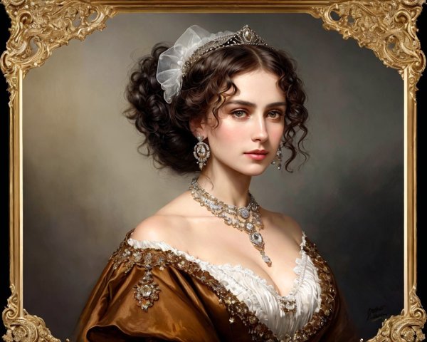 Historical woman portrait in lace headpiece and jewelry, framed in gold.