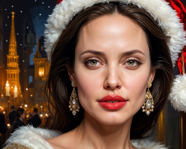 Woman with Green Eyes in Festive Winter Scene