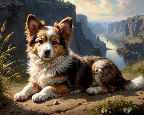 Fluffy Tri-Color Dog on Rocky Ledge with Scenic View