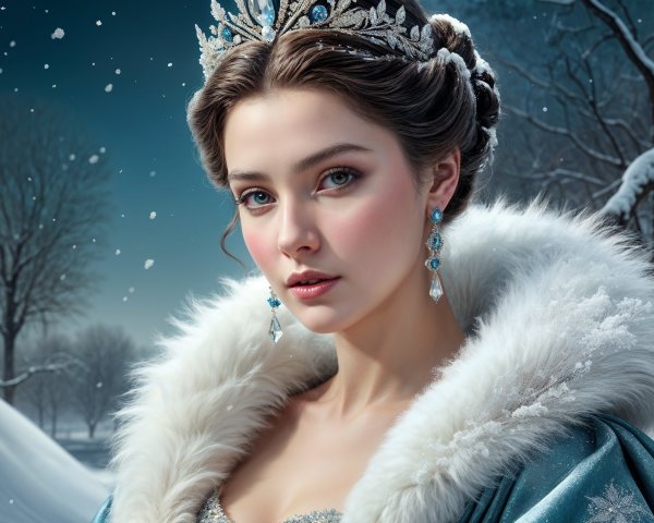 Regal Woman in Icy Blue Gown Amidst Winter Landscape