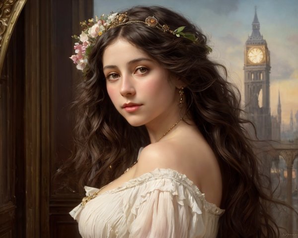 Young woman in floral dress with Big Ben backdrop