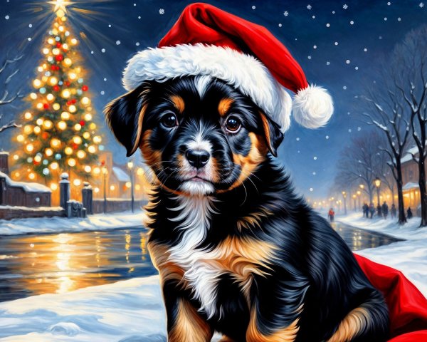 Puppy in Santa Hat Amid Snowy Christmas Scene