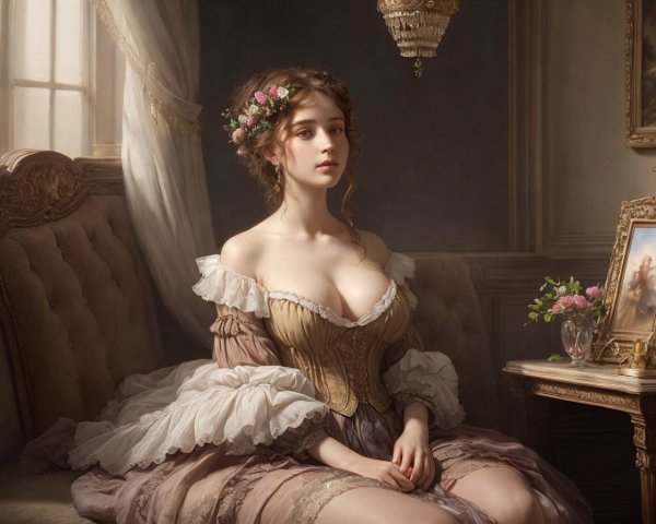 Young Woman in Vintage Dress in Elegant Interior
