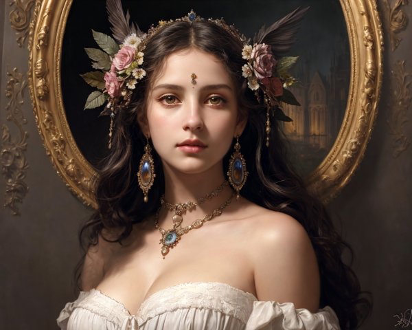 Woman with Floral Crown and Opulent Jewelry in Classical Setting