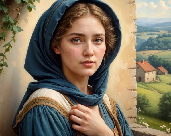 Thoughtful Young Woman in Vintage Dress with Landscape