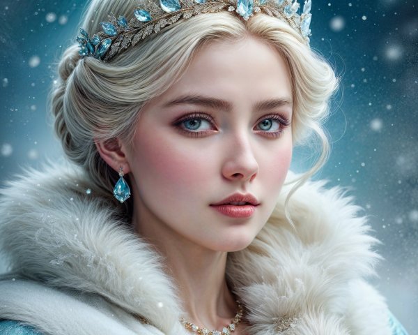 Elegant Young Woman in Fur Cloak and Crown