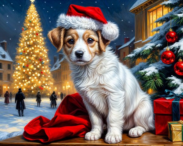 Puppy in Santa Hat Surrounded by Holiday Decorations