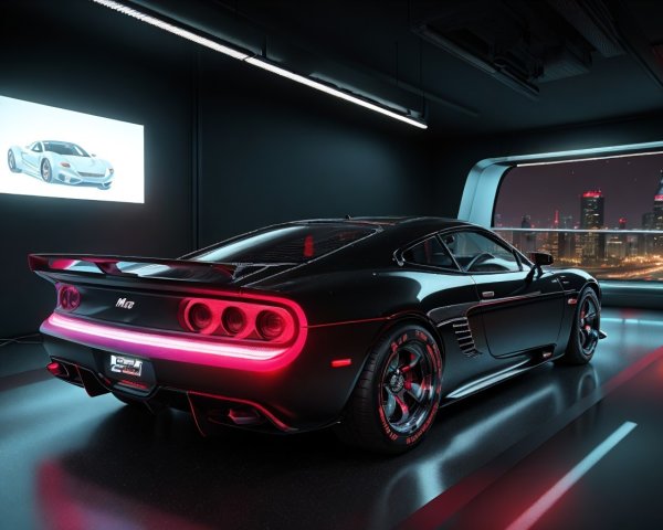 Black Sports Car with Red Accents and Neon Lighting in Futuristic Garage