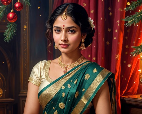 Young Woman in Green Saree with Festive Decorations