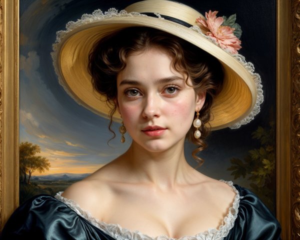 Young Woman in Floral Hat and Off-Shoulder Gown