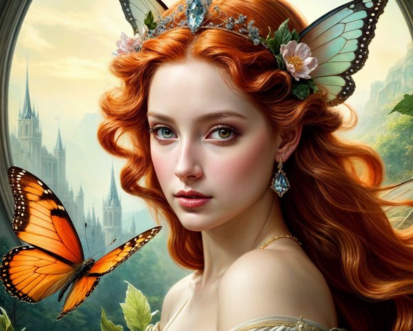 Young woman with red hair in a dreamy landscape