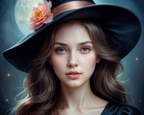 Young woman in moonlight with floral hat and stars