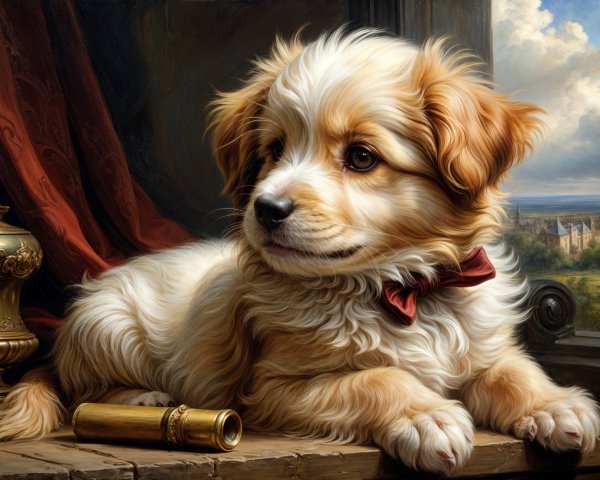 Fluffy Golden Puppy with Antique Telescope in Scenic Setting