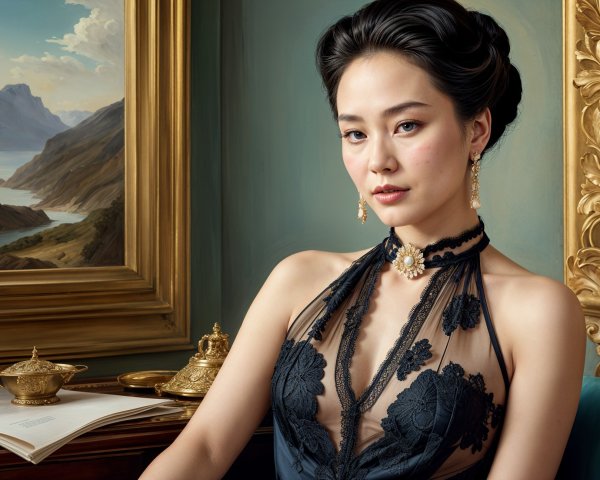 Elegant Woman in Black Lace Gown with Classic Background