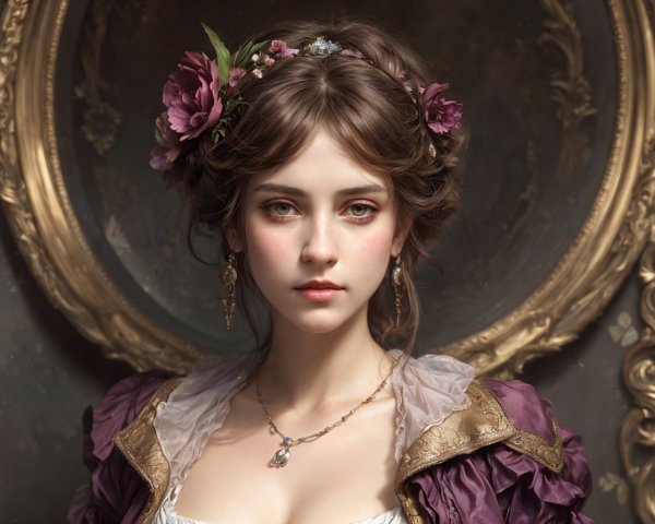 Portrait of a Young Woman in Floral Crown and Attire