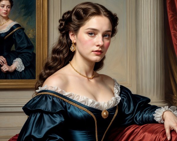 Elegant Young Woman in Blue Gown with Mirror Reflection