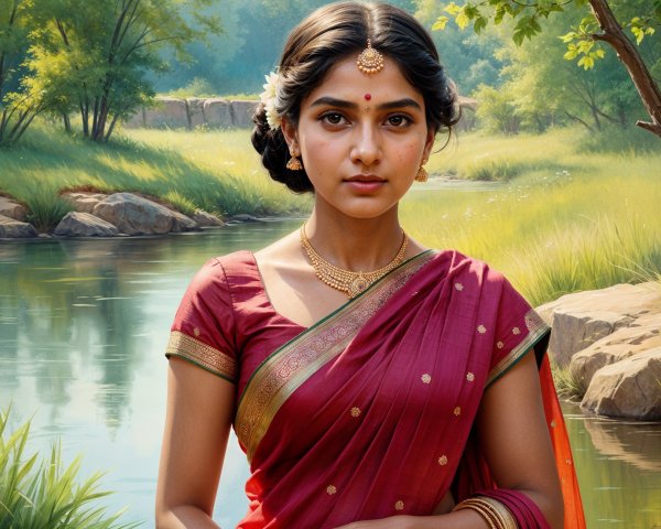Young Woman in Red Saree by Serene Riverside