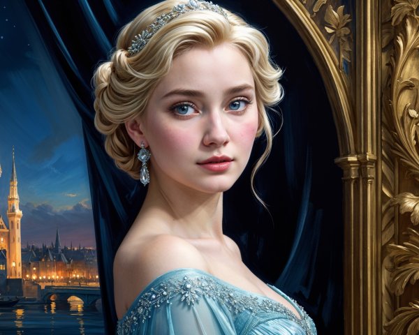 Young woman in ice-blue gown with tiara in cityscape