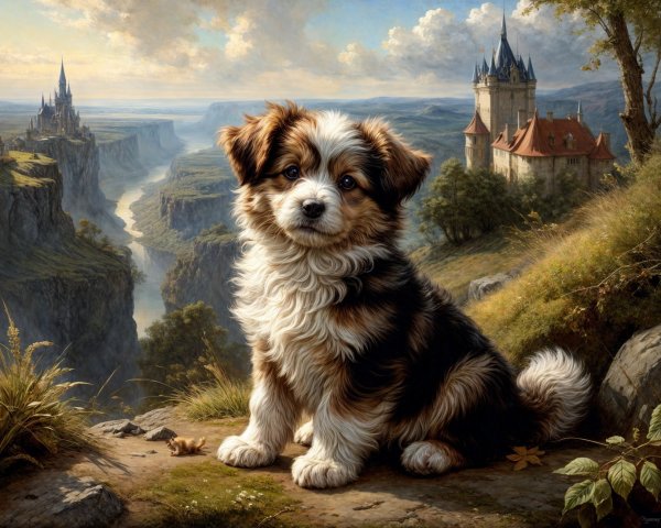 Fluffy Multi-Colored Puppy on Rocky Outcrop Landscape
