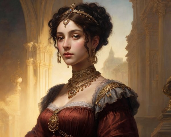 Portrait of a woman in red gown with gold jewelry