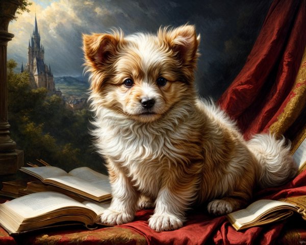 Fluffy Dog on Open Books with Castle Background