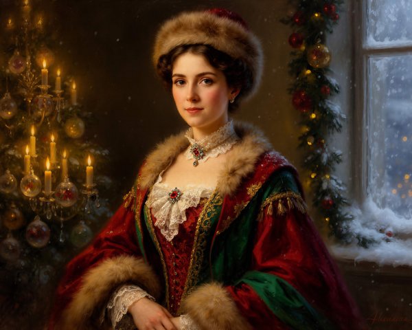 Oil Portrait of Young Woman in Festive Setting