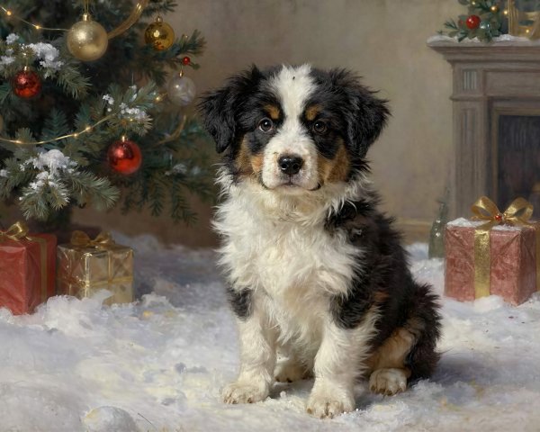 Bernese Mountain Dog Puppy in Snowy Christmas Scene