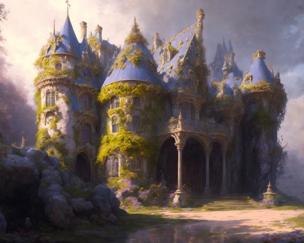 Majestic castle with ivy, spires, and mystical forest