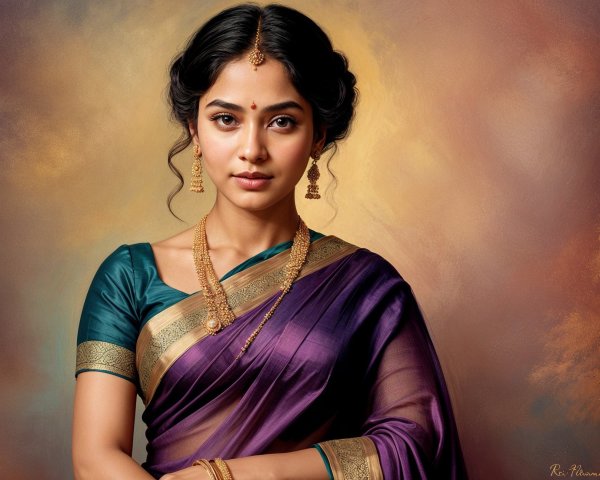 Elegant young woman in purple saree and blue blouse