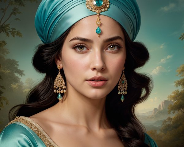 Woman in Blue Turban with Green Eyes and Gold Earrings