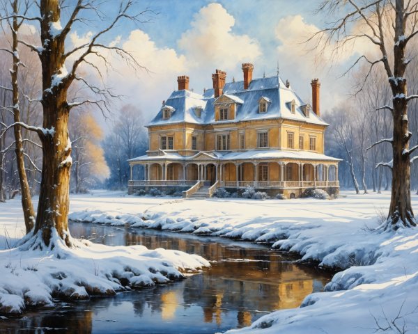 Vintage Mansion in Snowy Landscape with Stream