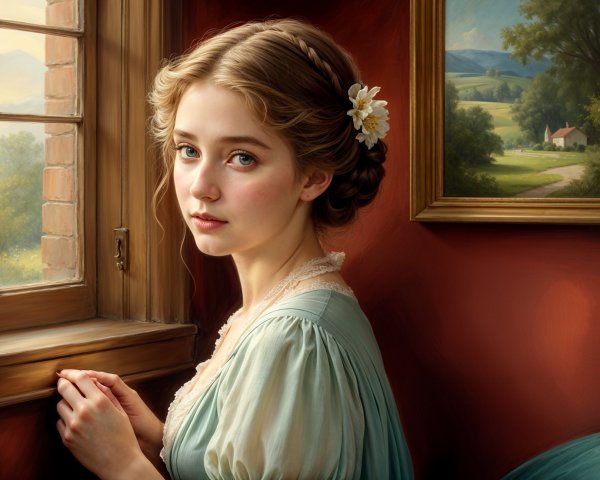 Young Woman in Pastel Attire by Vintage Window
