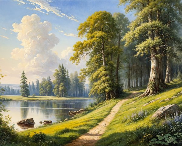 Tranquil Lake Surrounded by Lush Greenery and Flowers