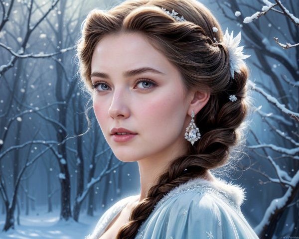 Young woman in blue gown in wintry forest setting