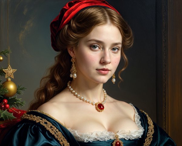 Young Woman in Dark Green Gown with Christmas Tree