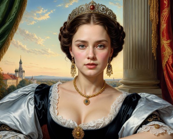 Regal Woman in Elegant Black Gown and Scenic Background