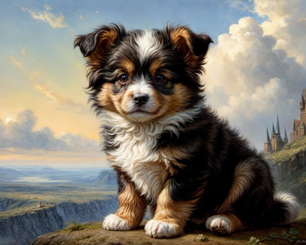 Fluffy Puppy in Scenic Landscape with Castle View
