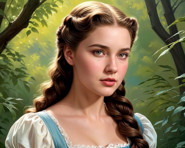 Young woman in blue dress in serene woodland setting