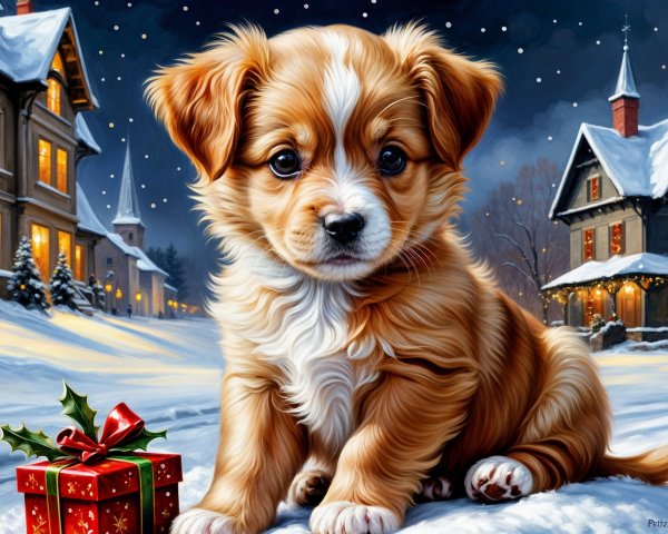 Fluffy Brown Puppy in Snowy Holiday Scene
