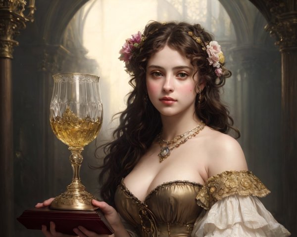 Woman in floral crown and off-shoulder dress with ornate goblet in elegant setting