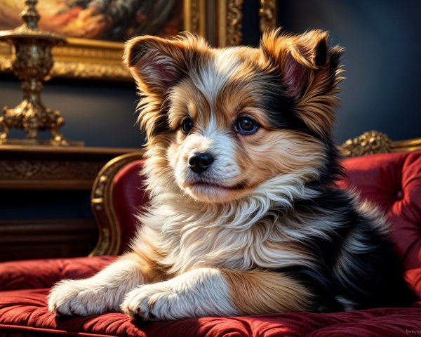 Tri-Colored Puppy on Plush Red Sofa in Luxurious Setting