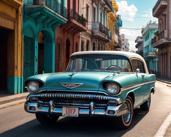 Vintage Turquoise Car on Sunny Street with Colorful Buildings