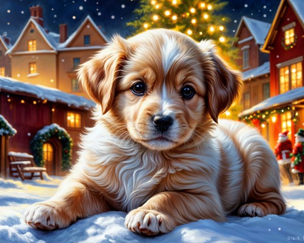 Fluffy Golden Puppy in Snowy Winter Scene