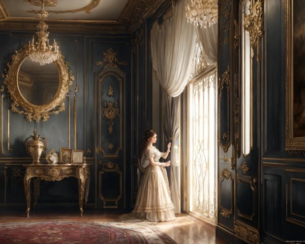 Woman in Vintage Dress in Classic Room Setting