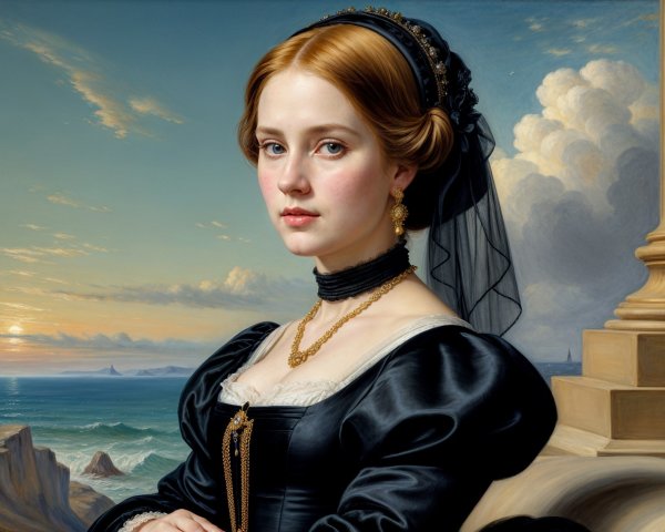 Young woman in elegant black dress by the sea